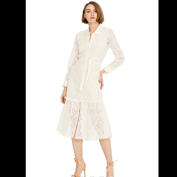 misa los angeles florence ivory lace belted button front midi shirt dress medium - Picture 5 of 10